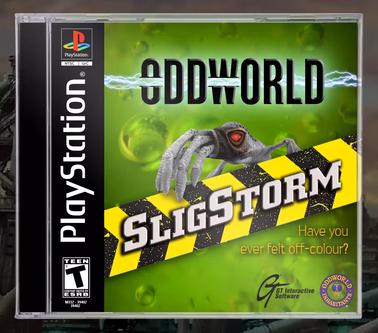 Fan-made SligStorm cover art by <a href='https://old.reddit.com/r/oddworld/comments/a4uef4/i_designed_a_ps1style_cover_for_sligstorm_damn_i/'>/u/facetiousfag</a>.